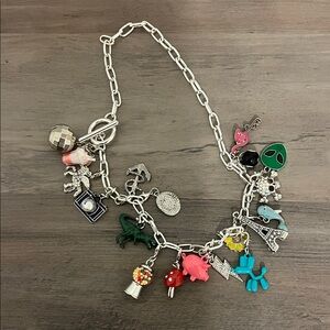 Silver Charm Necklace with Colorful Pendants